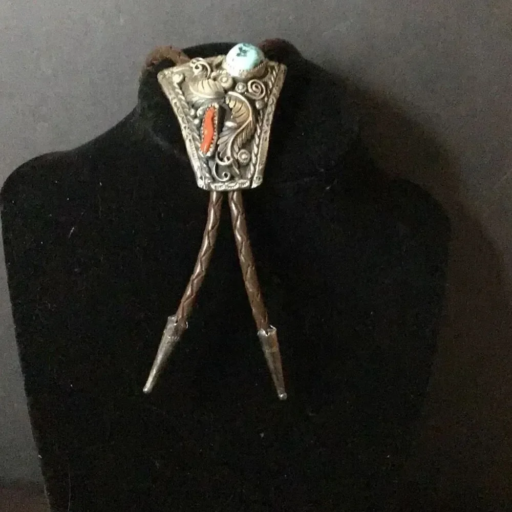 Bolo tie, Rare piece to find sterling silver Navajo bolo with turquoise and red